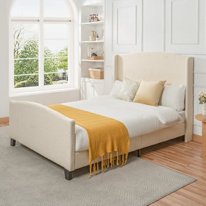 English Elm Queen Platform Bed Teddy Velvet Upholstered Tall Headboard Solid Wood Legs Modern W1716P335671