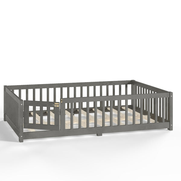 English Elm Twin Floor Bed Solid Pine Frame with Guardrails and Door for Safe Kid Sleep W1580P433578