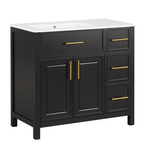 English Elm 36" Matte Freestanding Bathroom Vanity Solid Wood Cabinet Ceramic Sink Three Drawers Black N725P364205B