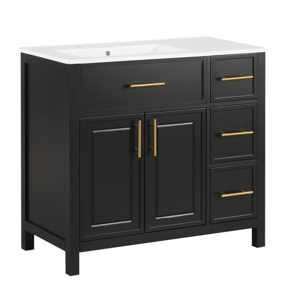 English Elm 36" Matte Freestanding Bathroom Vanity Solid Wood Cabinet Ceramic Sink Three Drawers Black N725P364205B