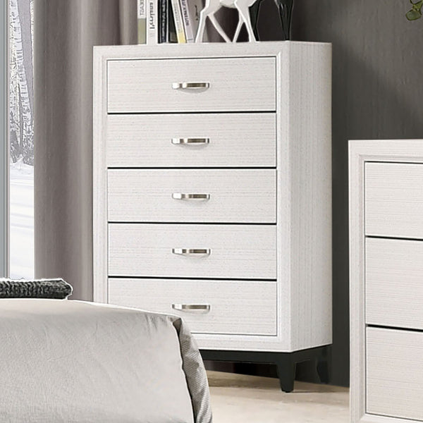 English Elm Contemporary Chic Chest with Gold Accents, Acrylic Trim, Metal Bracket Legs and Dust‑Proof Drawers White 34 L x 19 W x 50 H B2741P371021
