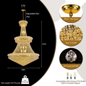 English Elm Luxury Gold Crystal Chandelier 42" 3-Tier Empire with 36 E12 Lights, 480+ K9 Crystals, Hand-Strung Elegance W2869S00003