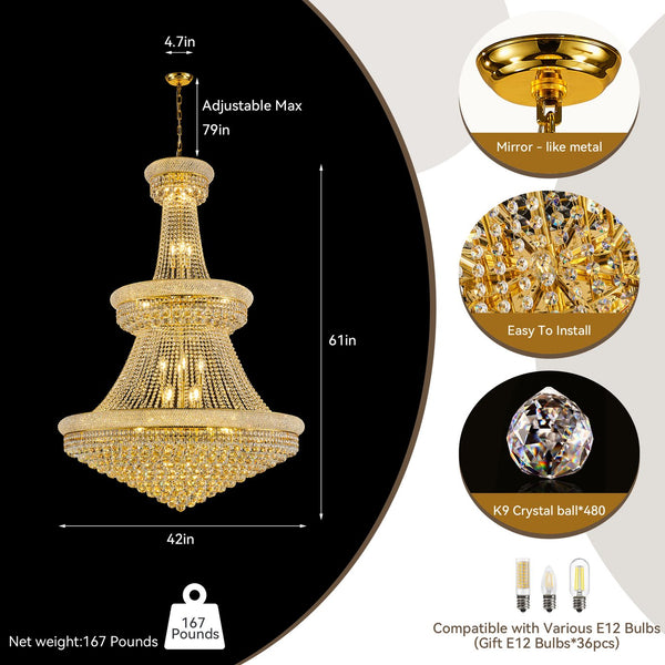 English Elm Luxury Gold Crystal Chandelier 42" 3-Tier Empire with 36 E12 Lights, 480+ K9 Crystals, Hand-Strung Elegance W2869S00003