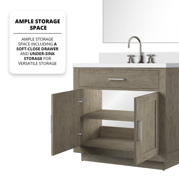 English Elm Grey Oak Single Bath Vanity Set With Cultured Marble Top, Mirror & Faucet - Stylish & Compact! B2731S01957