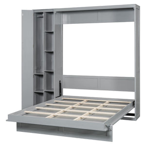 English Elm Queen Murphy Wall Bed with Led Lighting Open Shelves and Wardrobe Cabinet Storage LP000899AAE