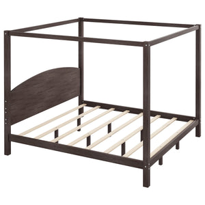 English Elm King Canopy Platform Bed with Headboard and Support Legs — Modern Pine Wood Frame, Sturdy 650lb Capacity Brown WF309291AAD