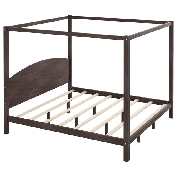 English Elm King Canopy Platform Bed with Headboard and Support Legs — Modern Pine Wood Frame, Sturdy 650lb Capacity Brown WF309291AAD