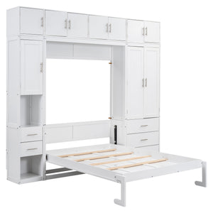 English Elm Full Full Size Murphy Bed with Lockers & Wardrobes in White — Space-Saving Foldaway Cabinet, Shelves, Drawers, Installation Video Included GX000392AAK