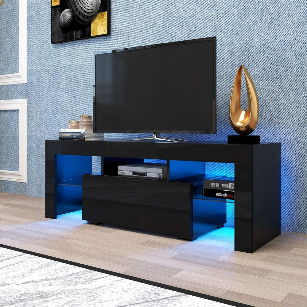 English Elm LED TV Stand with Remote LED Lights, 51" Modern Console for TVs up to 55", Glass Shelf, Storage, High-Gloss UV Front White W2301P198700