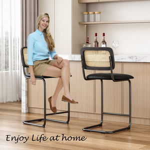 English Elm Counter Height Bar Stools Set Of 2 - Stylish Pu Leather & Rattan Back For Modern Kitchen Decor T3623P360901