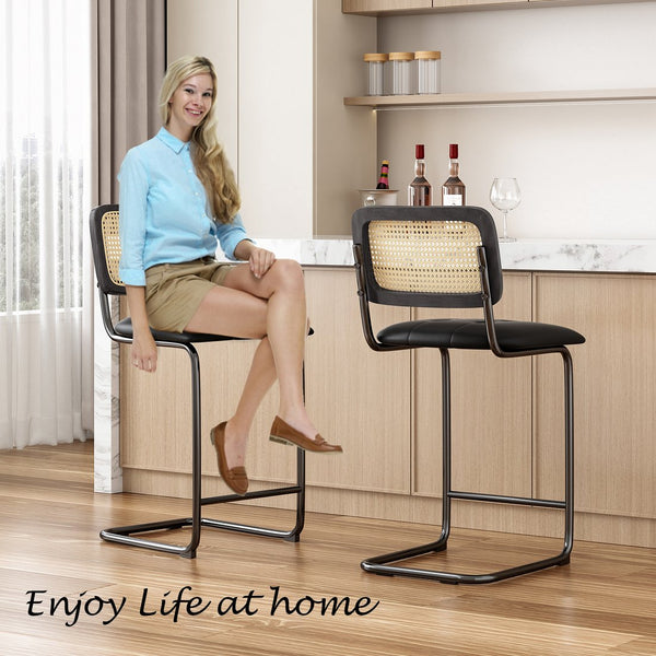 English Elm Counter Height Bar Stools Set Of 2 - Stylish Pu Leather & Rattan Back For Modern Kitchen Decor T3623P360901