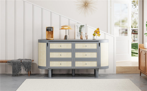 English Elm Full Murphy Bed with Woven Rattan Cabinet Front and Built-in Side Storage Units Gray LP000599AAE