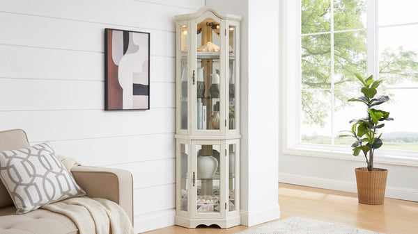 English Elm Lighted Corner Curio Cabinet With Adjustable Shelves & Integrated Lighting - Elegant White Oak Display W1758P300125
