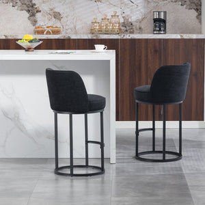 English Elm Counter Height Barstools Set of 2 Linen Upholstered Barrel Seat with Iron Legs Black W395P410438