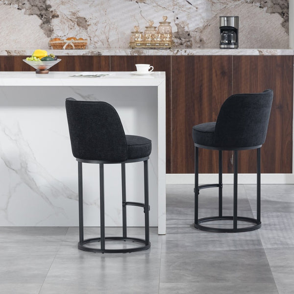 English Elm Counter Height Barstools Set of 2 Linen Upholstered Barrel Seat with Iron Legs Black W395P410438