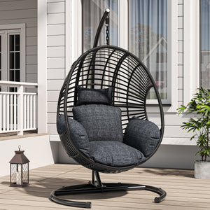 English Elm 42 Inch Hanging Egg Chair Woven Pe Rattan Patio Swing with Thick Cushion 400lb Black W3979S00005