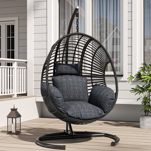 English Elm 42 Inch Hanging Egg Chair Woven Pe Rattan Patio Swing with Thick Cushion 400lb Black W3979S00005