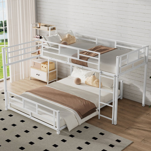 English Elm L-shaped Metal Twin over Full Bunk Bed with Durable Steel Frame, Space-Saving Design and Kid-Friendly Safety Features White N709P196510K