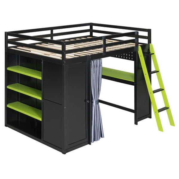 English Elm Full Size Wood Loft Bed with Wardrobe Desk Shelves Rgb Lighting and Blackout Curtains Black+Green LT000269AAF-1