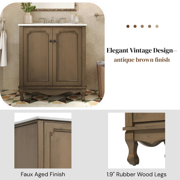 English Elm Christopher Knight Home® - 30" Vintage Bathroom Vanity with Rectangle Ceramic Sink, Rubber Wood Legs, Soft-Close Doors, Adjustable Shelves Antique brown N817P245316L