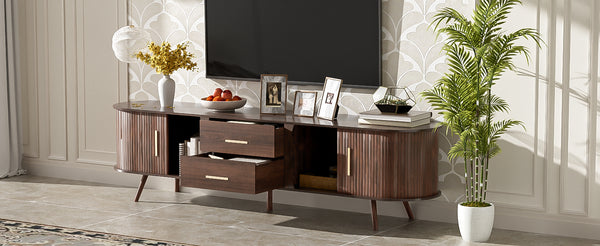 English Elm Mid-Century Solid Wood TV Stand for 80" TVs – Waterproof Finish, Sliding Doors & 2 Drawers Storage N710P257611P