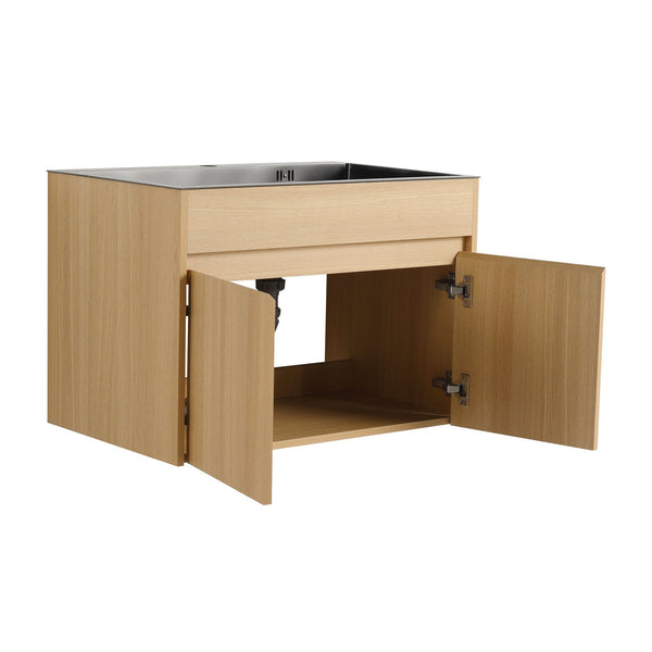 English Elm 28" Wall Mounted Bathroom Vanity with Gun-Gray Stainless Sink, Soft-Close Doors, Plywood, Oak Finish, KD W999P376889