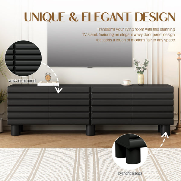 English Elm Stylish Thick Wavy Door TV Cabinet with Adjustable Shelves, Cable Management, Sturdy Legs, Modern Media Console Black N721P350797B