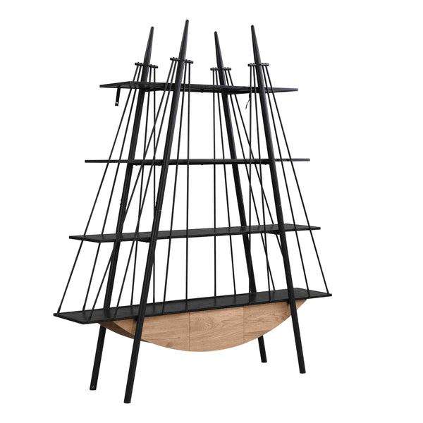 English Elm Sailboat-Inspired Industrial 4-Tier Bookshelf with Drawer — Nautical MDF & Metal Display Rack for Home Decor Black W2317P253500
