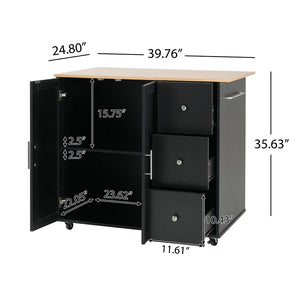 English Elm Mobile Rolling Kitchen Island with 3 Drawers Matte Black Cabinet and Natural Wood Top N779P373196B