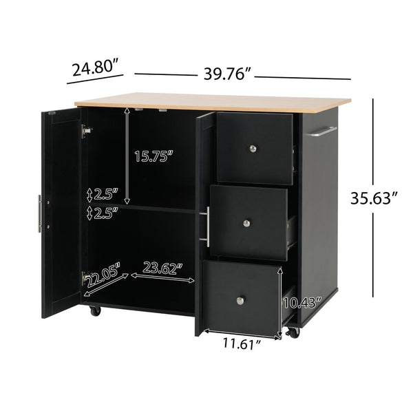 English Elm Mobile Rolling Kitchen Island with 3 Drawers Matte Black Cabinet and Natural Wood Top N779P373196B