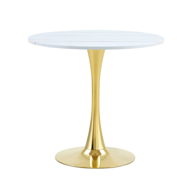 English Elm Round Faux Marble Tulip Pedestal Dining Table Mid Century Modern for Small Bistro Spaces Gold+White W2920P400992
