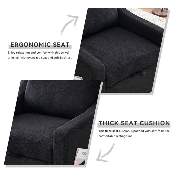 English Elm 011-Teddy Plush Swivel Accent Chair with High Back, Rivet Trim, 360° Rotation, Storage & Pockets Black W527P190836