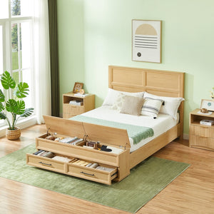 English Elm Queen Storage Bed with Geometric 3d Headboard Four Drawers and Walnut Finish W1820S00046