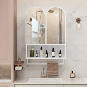 English Elm 23.62" Modern Double-Arched Mirror Cabinet with Tempered Glass, Metal Frame, Shelf & Towel Rack Storage White W757P314591