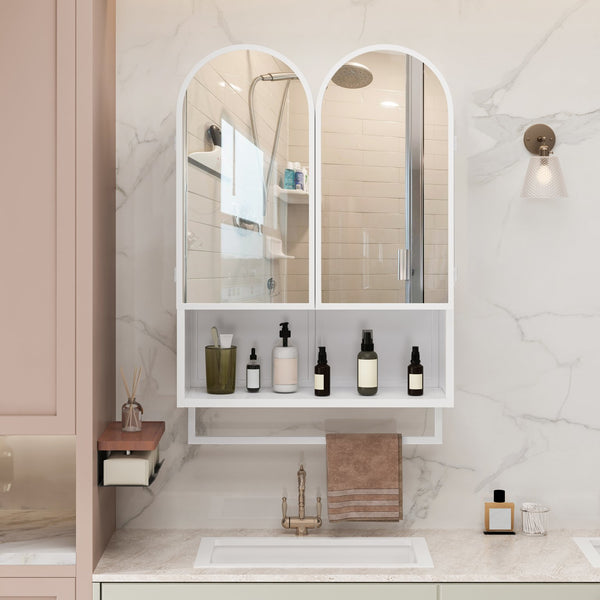 English Elm 23.62" Modern Double-Arched Mirror Cabinet with Tempered Glass, Metal Frame, Shelf & Towel Rack Storage White W757P314591