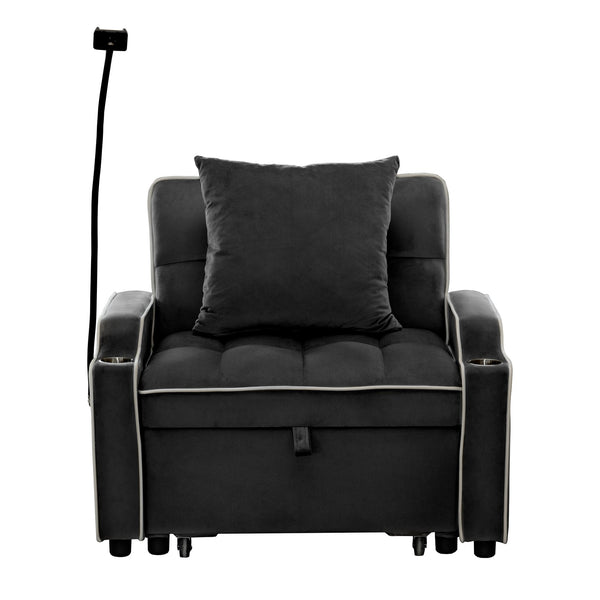 English Elm Convertible Single Chair Bed with Foldable Computer Desk, USB Charging, 3-in-1 Recliner to Bed Comfort Black W2941P325521