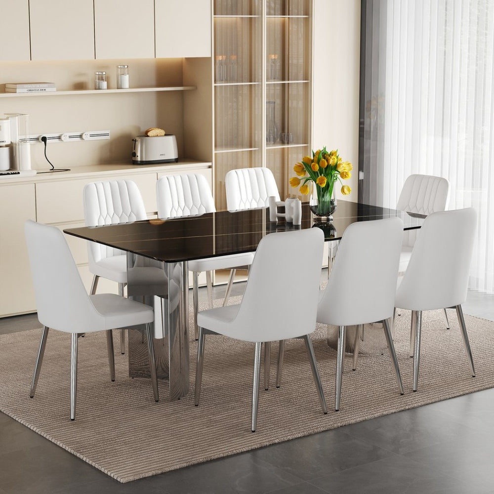 English Elm Table Set With 8 Modern White Pu Chairs - Sleek Imitation Marble Top & Durable Stainless Steel Legs W1151S04189-GIGA