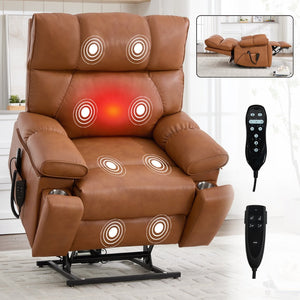 English Elm Orange Leatheraire Dual Motor Power Lift Recliner with Massage Heat and Lumbar W1803P340283