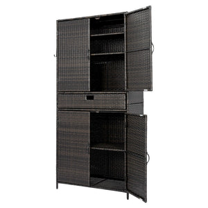 English Elm K&k Tall Arched Pe Rattan Outdoor Storage Cabinet with Adjustable Shelves and Steel Frame Brown+Black N707P420102D