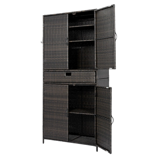 English Elm K&k Tall Arched Pe Rattan Outdoor Storage Cabinet with Adjustable Shelves and Steel Frame Brown+Black N707P420102D