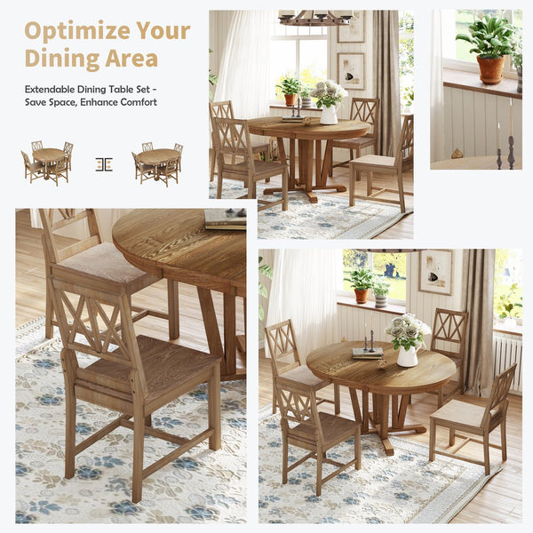 English Elm TOPMAX Rustic 5-Piece Extendable Round Dining Set with Trestle Base and Cross Back Chairs, Versatile Elegance Brown SP000042AAD
