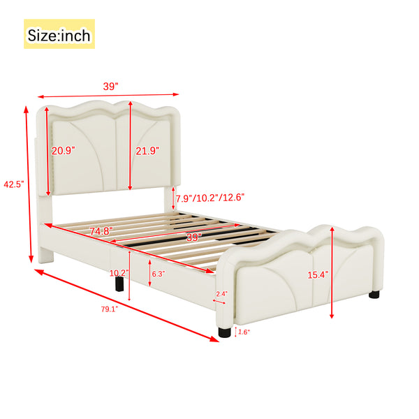 English Elm Twin Upholstered Platform Bed with Curved Headboard, Adjustable Heights, Sturdy Pine Frame, LED Accent Lights White WF323748AAK