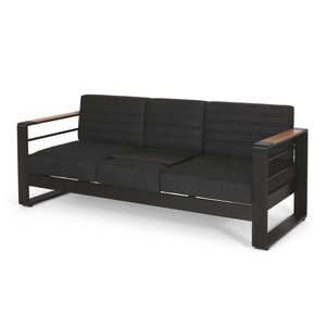 English Elm Christopher Knight Home® - GIOVANNA Aluminum 3-Seater Sofa in Black — Rust-Resistant Frame, Water-Resistant Cushions, Wood-Accent Slat Design 71820.00BLK