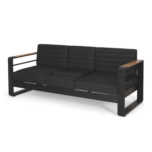 English Elm Christopher Knight Home® - GIOVANNA Aluminum 3-Seater Sofa in Black — Rust-Resistant Frame, Water-Resistant Cushions, Wood-Accent Slat Design 71820.00BLK