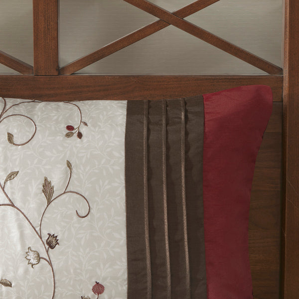 English Elm Embroidered Serene 7-Piece Comforter Set Cal King in Red Chocolate Ivory – Shiny Dupioni, Floral Embroidery, Decorative Pillows B03596928