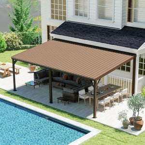 English Elm 12x20ft Lean to Hardtop Gazebo Wall Mounted Steel Roof Outdoor Shelter Deck Porch Brown W1859S00198