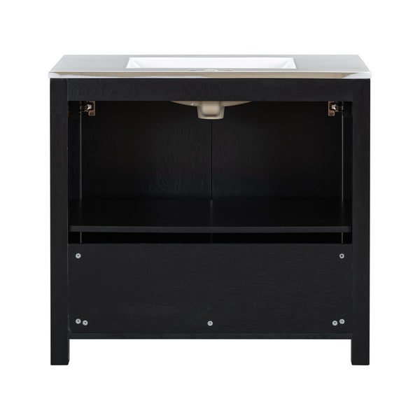 English Elm 36" Bathroom Vanity Organizer with Ceramic Sink, Solid Wood Distressed Finish, Hand-Painted Charm and Ample Storage Espresso N729P255666P