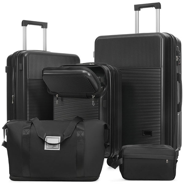 English Elm Luggage 5 Piece Hardside Abs Set with Front Access Carry on and Tsa Spinner Wheels Black N732P391579B