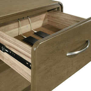 English Elm Tully Nutmeg two-drawer nightstand with metal glide drawers, modern profile, warm wood finish for tidy bedside spaces B062P374094