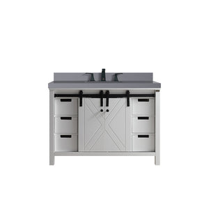 English Elm White 48-inch Bath Vanity with Grey Quartz Top, Soft-Close Drawers, Matte Black Faucet Included B2731P260118